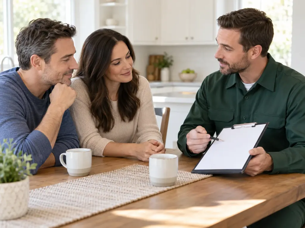Safe Place technician explaining a service plan to adult homeowners at their kitchen table
