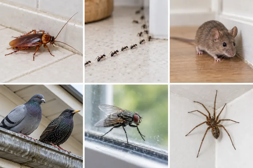 Identification guide showing a cockroach, ants, house mouse, pigeon and starling, housefly, and spider
